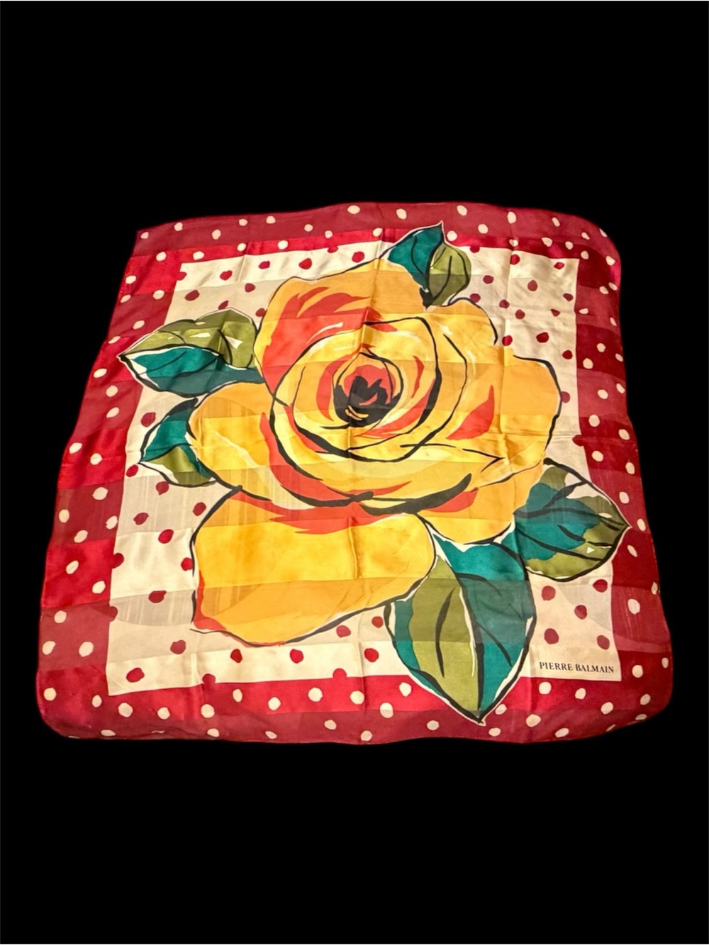 Pierre Balmain Yellow Rose Silk Scarf with Red Polka-Dot Border